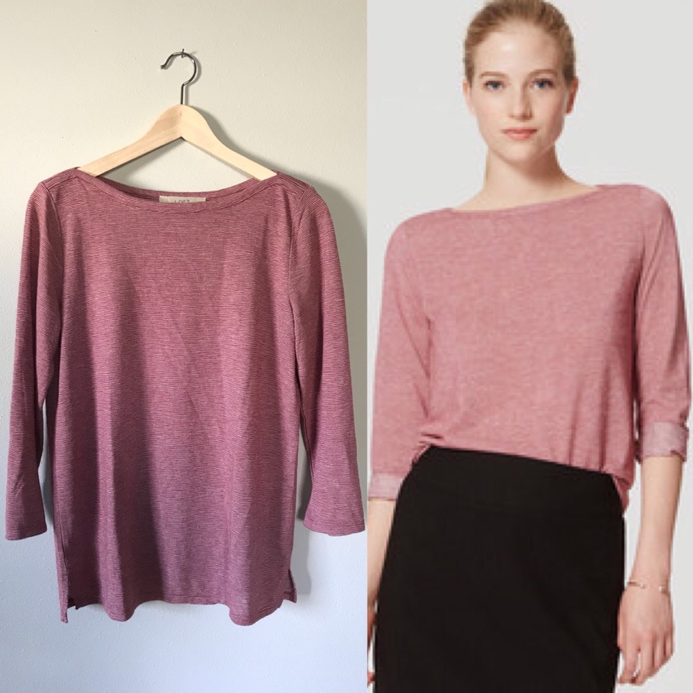 Loft Boatneck Striped Tee Top Pink Maroon